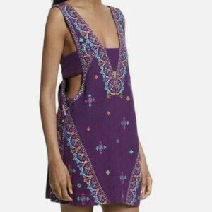 Free People Dress Heavily Embroidered Purple Size S Tie Back Mini V Neck Boho